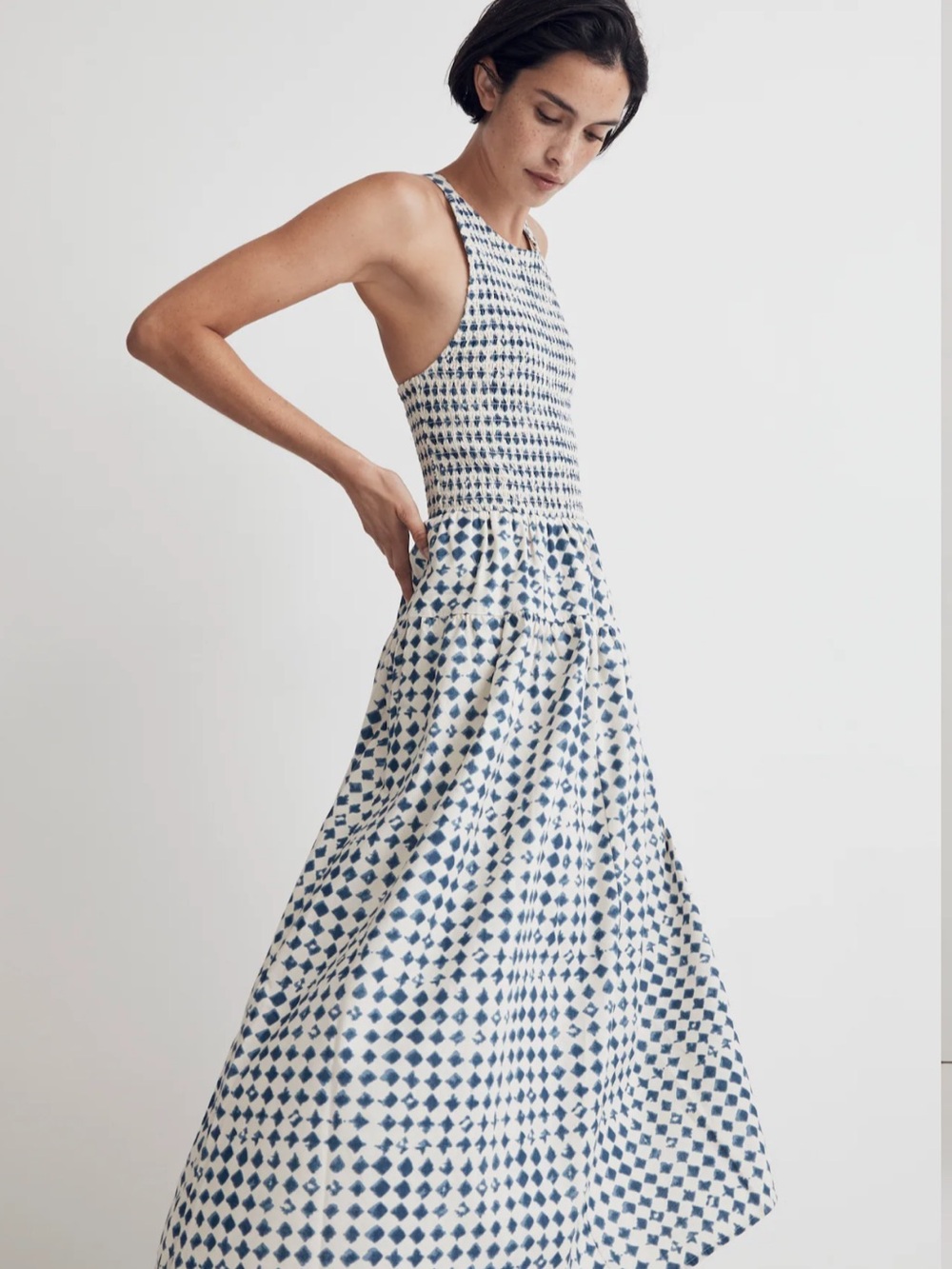 Madewell size XS Halter Tiered Midi Dress in Shibori Print 100% Cotton Smocked